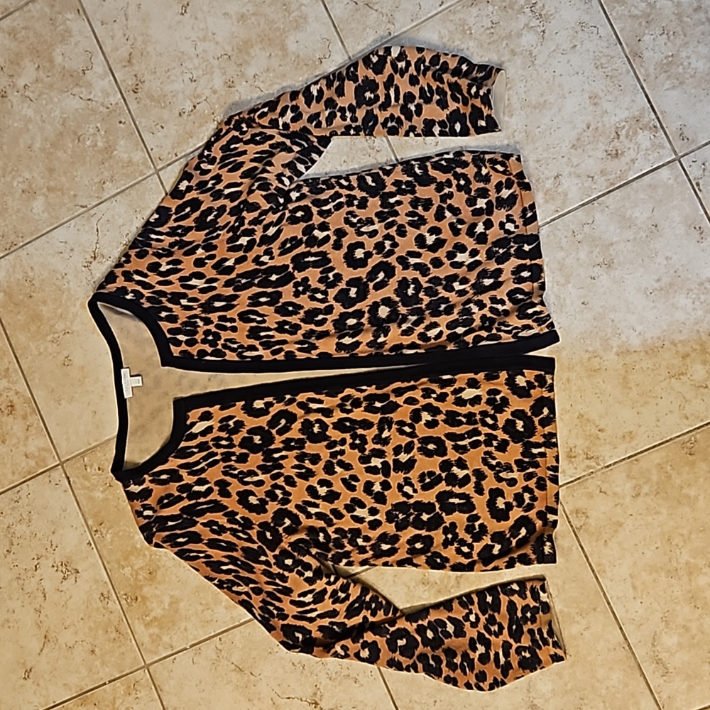 Talbots size LP open cardigan cheetah print  black, brown, and beige.